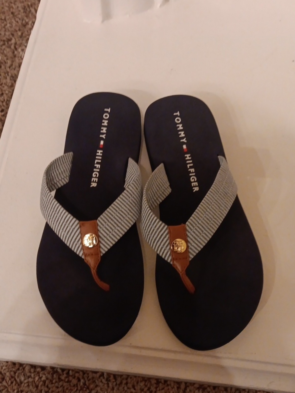 Tommy Hilfiger Navy Blue and Tan Women's Stripe-Trim Flip Sandals